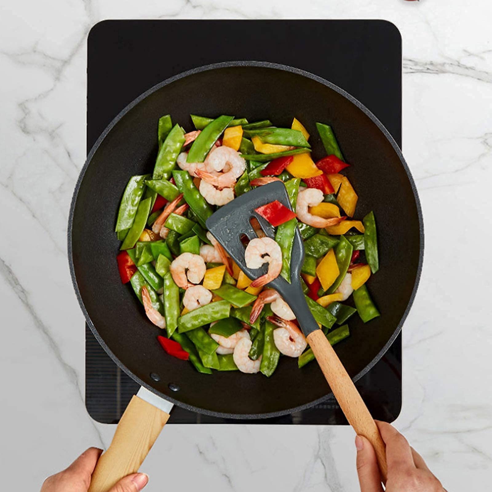 ノンスティック中華鍋 木製ハンドル付き Amazon｜中華鍋炒め、強化ガラス蓋と電気誘導ガスストーブ用の木製